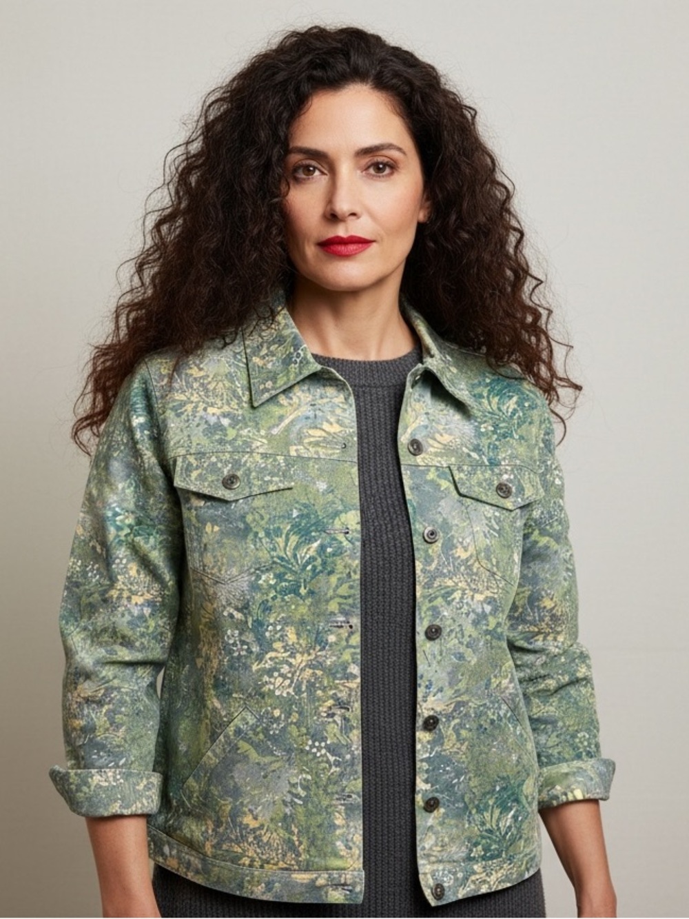 Tanjay Green Floral Botanical Cotton Jean Jacket - Size M